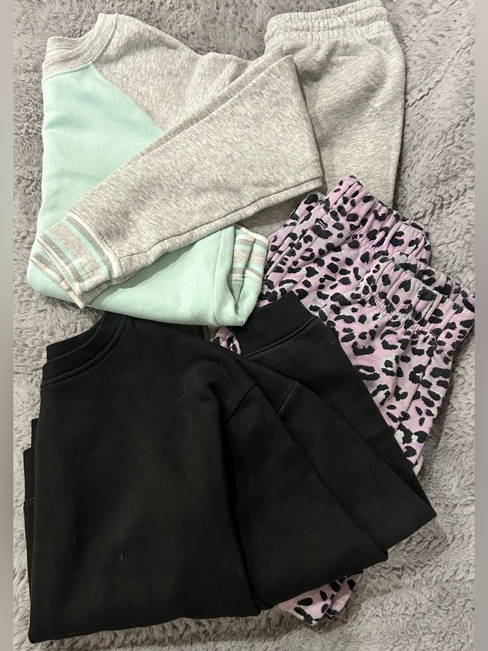 2 Pair Kids Sweatshirt/pants Bundle- Mint/Heather Gray, Black/Lavender Leopard
